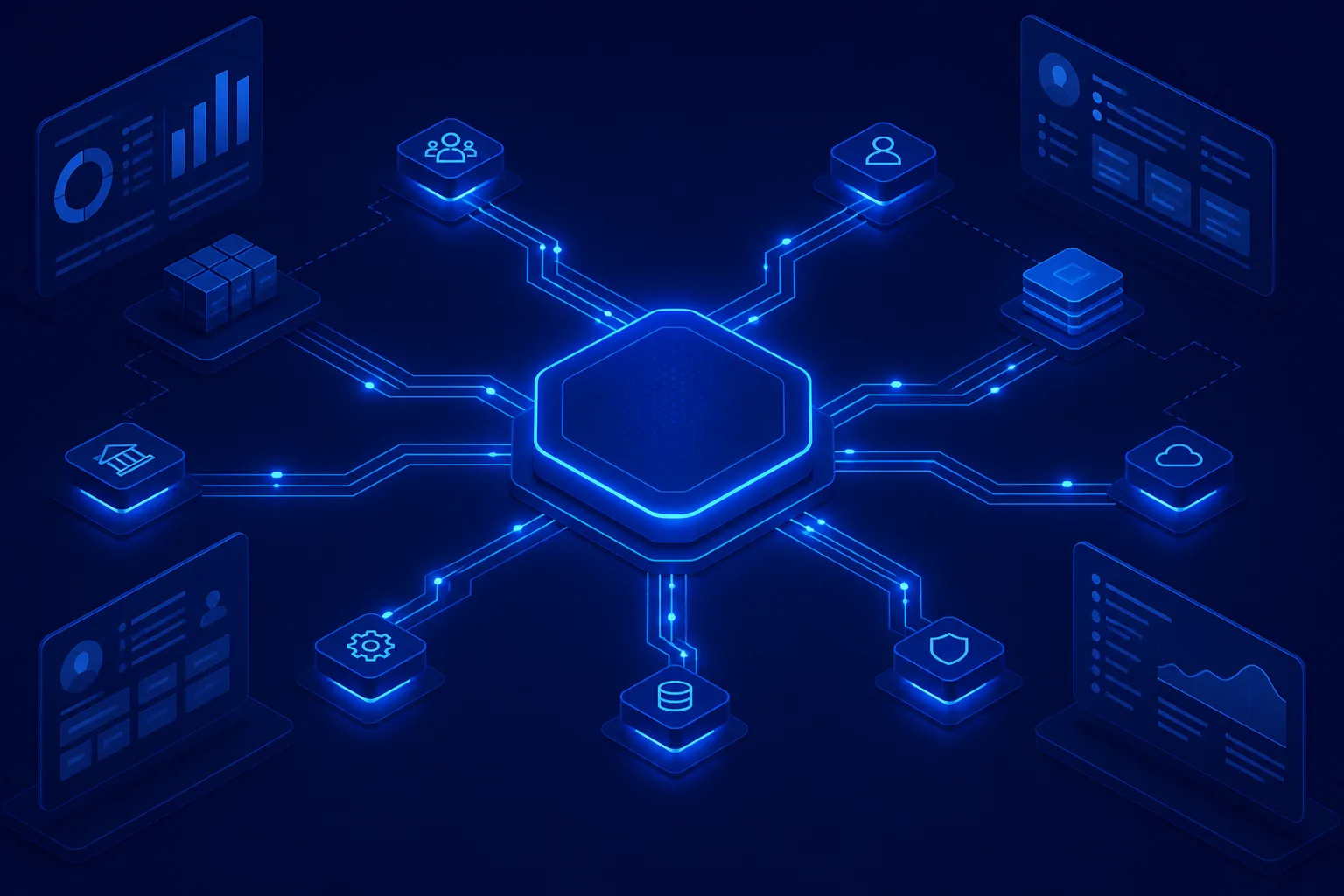 Abstract illustration of the AIVL MCP interface: a central node radiating connections to endpoint tiles and dashboards