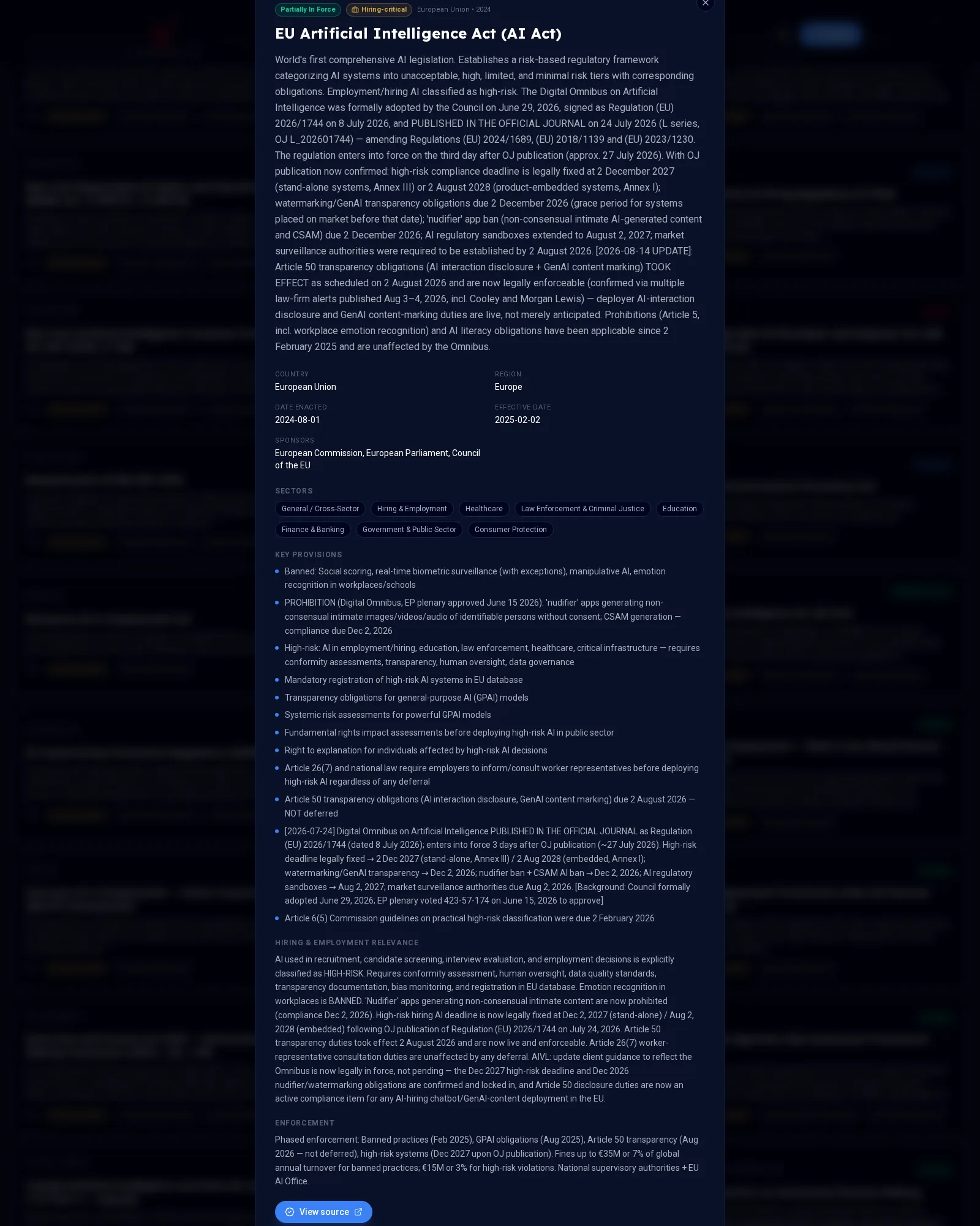 Full EU AI Act record in the Legal Tracker showing status, dates, sector scope, key provisions, hiring and employment relevance, enforcement, and primary source link