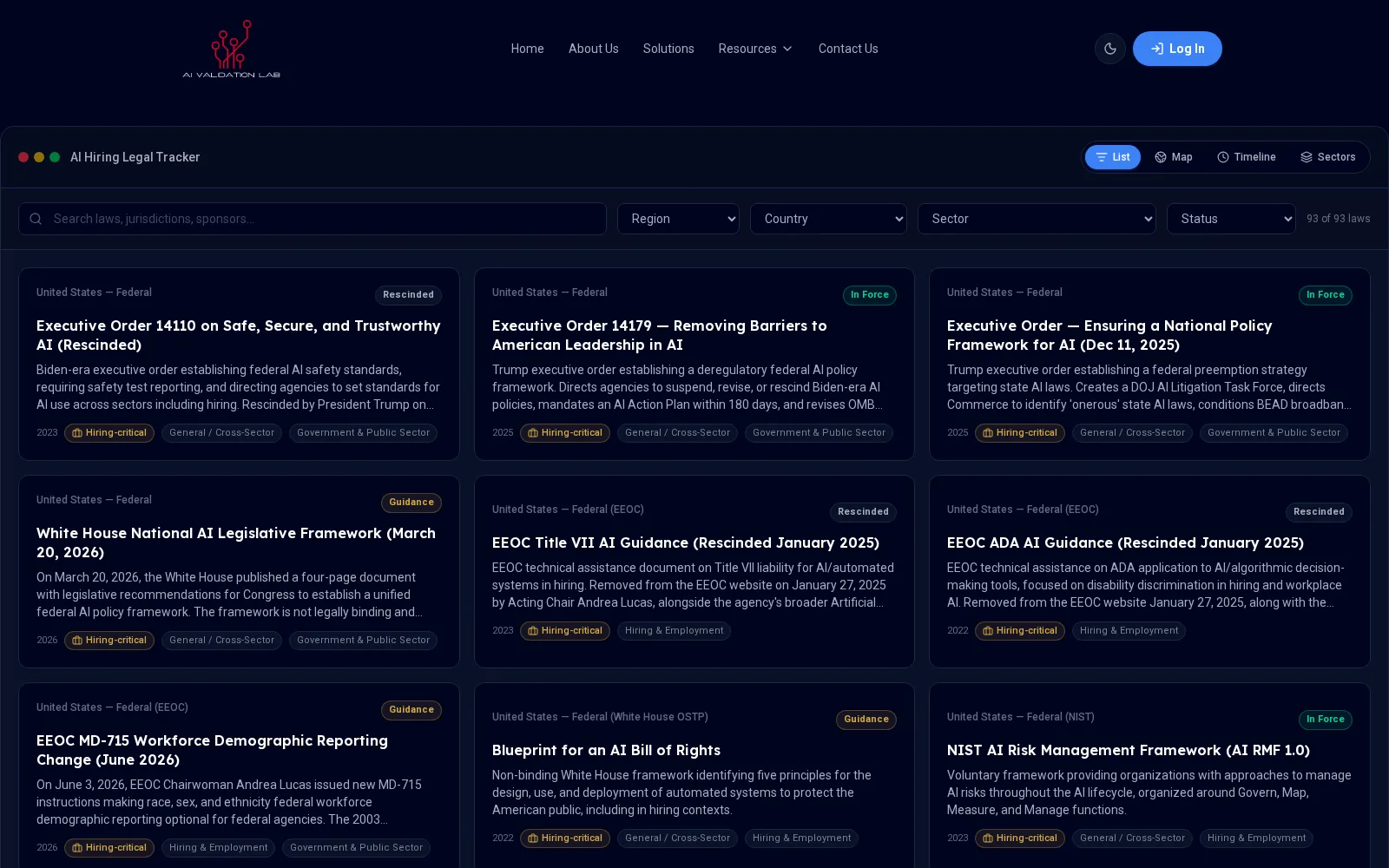 Legal Tracker list view with search, region, country, sector, and status filters, status pills, and hiring-critical badges