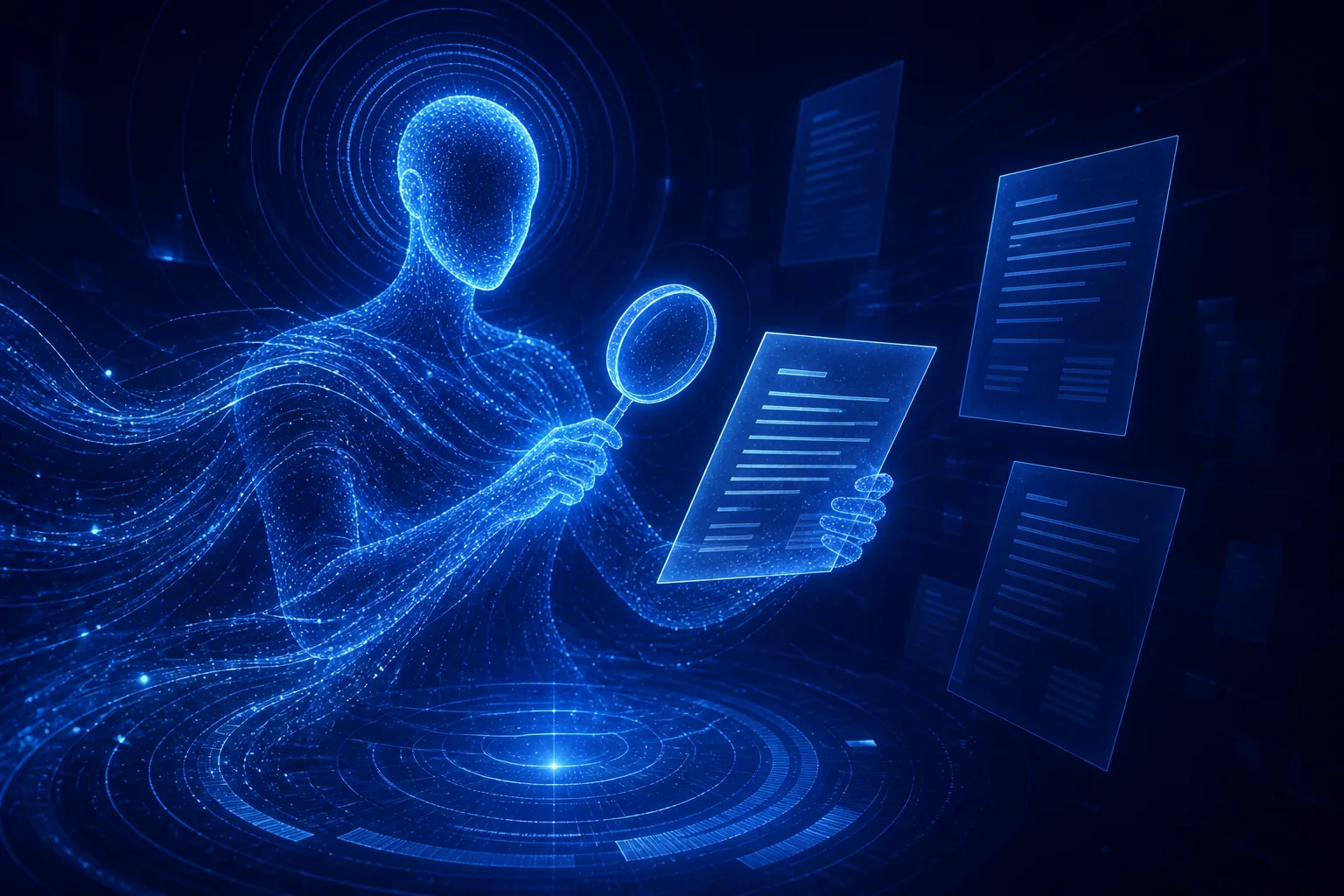 Abstract illustration of Val, a luminous figure reviewing panels of legal documents